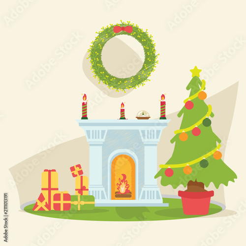 Cozy Christmas Fireplace With Decor and Christmas Tree Flat Illustration