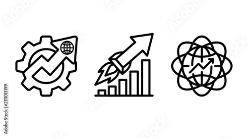 Business acceleration and innovation icon collection featuring startup rocket growth bar charts and global technology progress symbols business technology innovation progress investment isolated