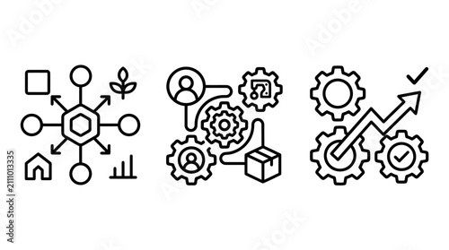 Resource management and strategic productivity icons with management productivity optimization efficiency strategy business resources processes organization planning operations development