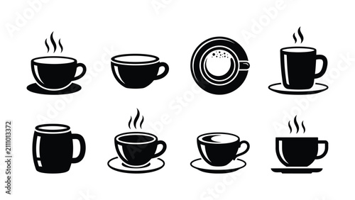 Bild auf Leinwand Various black coffee cups and mugs with steam rising  hot beverage icons