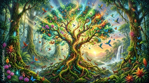 Enchanting Magical Forest with Vibrant Tree and Falling Birds at Sunset Scene