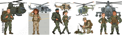 Fotografija Military army soldier characters and transport helicopter vector illustration co