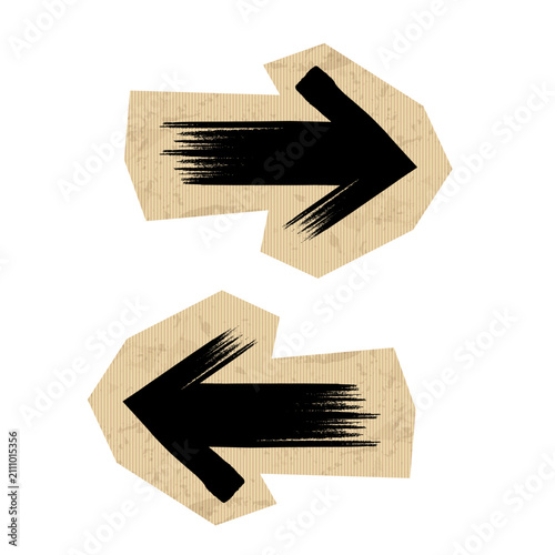 Craft cardboard arrow set vector illustration. Black dry brush stroke doodle arrows on kraft corrugated paper background isolated on white for navigation, collage, and scrapbooking.