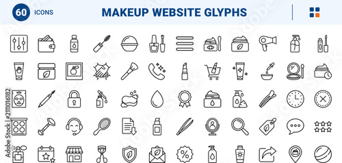 Beauty line icon set. Vector pictograms of cosmetics, makeup, skincare, and lipstick elements, thin linear illustration.