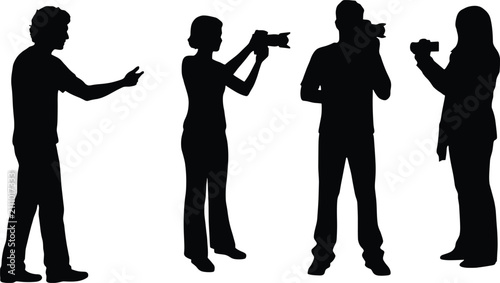 Foto Silhouettes of four people engaged in photography and communication on white bac