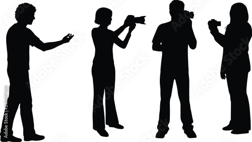 Quadro su tela Silhouettes of four people engaged in photography and communication on white bac