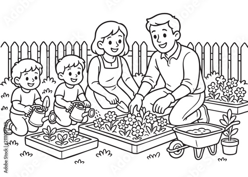 Happy Family Gardening Coloring Page Black and White Vector Line Art