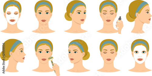 Skincare Routine Woman Face Set with Facial Mask Serum and Jade Roller, Front and Side Views, Beauty Treatment. Beauty Face Care Icons Set Featuring Girl,  Multiple Head Angles, Flat Vector Illustrati