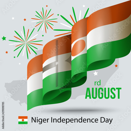 Niger Independence Day August 3 with Waving National Flag, Patriotic Celebration and Fireworks. Vector Illustration