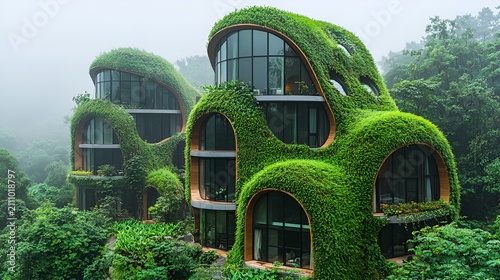 Lush green vegetation covers modern, curved architecture nestled in a misty forest.