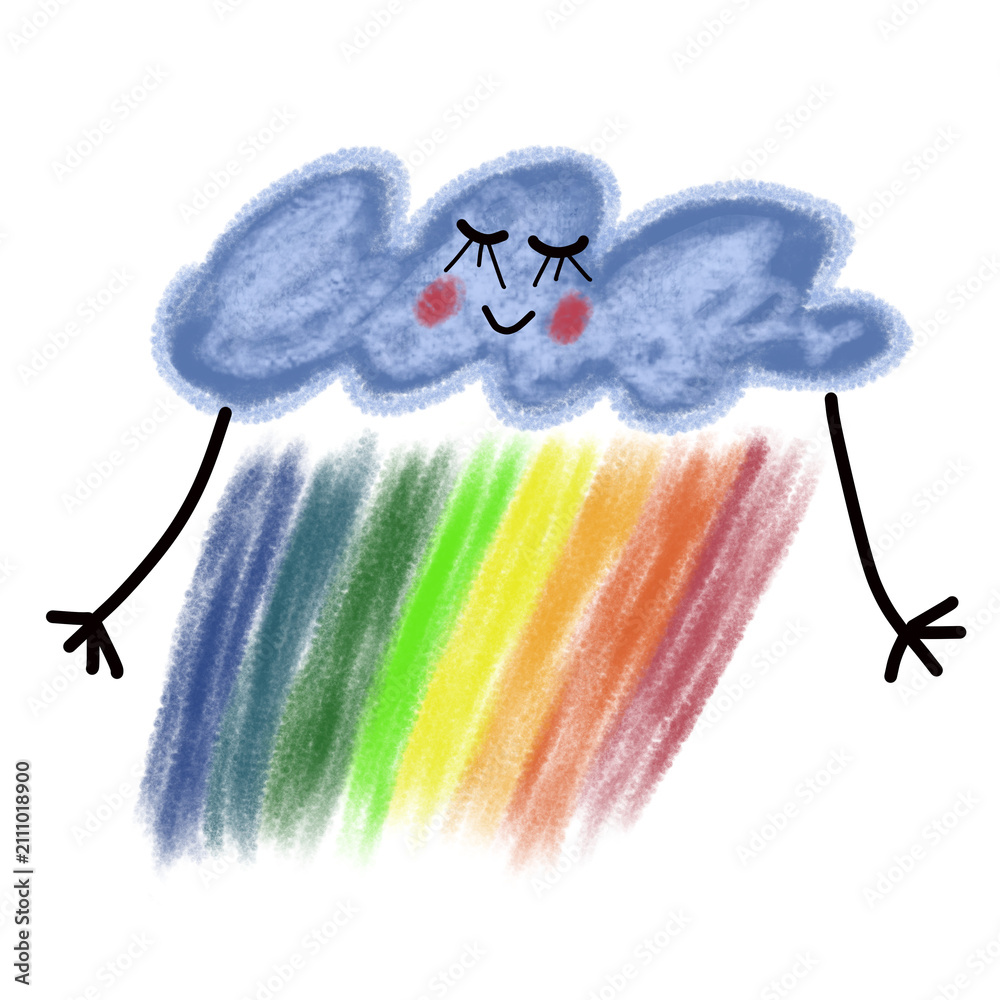 Obraz premium Cute smiling cloud with colorful rainbow in soft chalk pastel texture, whimsical kawaii illustration for nursery, kids, and decor.