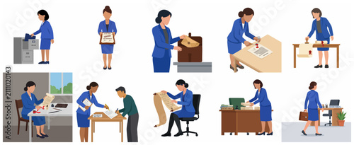 Foto Female Notary Public Professional Flat Vector Illustration Set Performing Legal