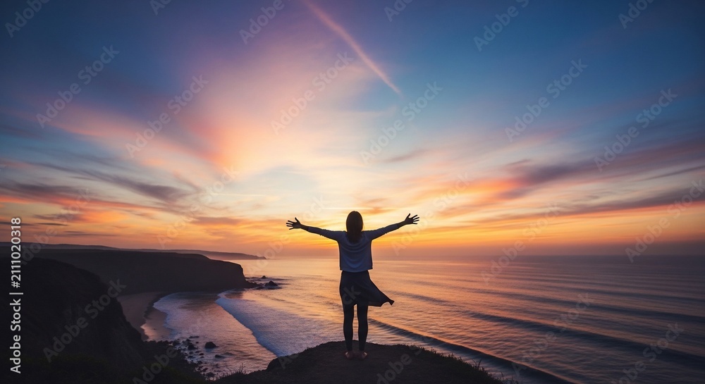 Fototapeta premium Woman stands on a cliff edge overlooking the ocean with arms wide open during a vibrant sunset.