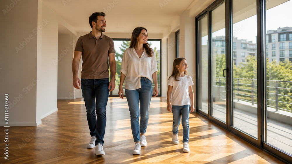 Fototapeta premium Young family exploring new empty apartment with modern interior and big windows.