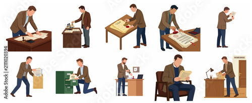 Bild auf Leinwand Professional Notary Public and Lawyer Character Set Working with Legal Documents