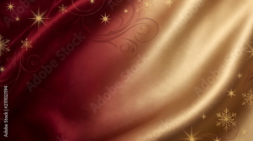 Luxury Red and Gold Silk Fabric Background with Christmas Snowflake Flourish Corner Accents