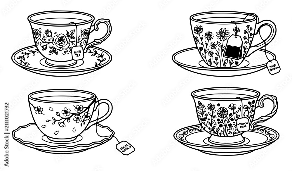 Fototapeta premium Four Black and White Tea Cups with Floral Patterns and Tea Bag Vector Set
