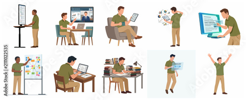 Flat vector illustration set of a man in various modern work, study, and digital productivity scenarios.