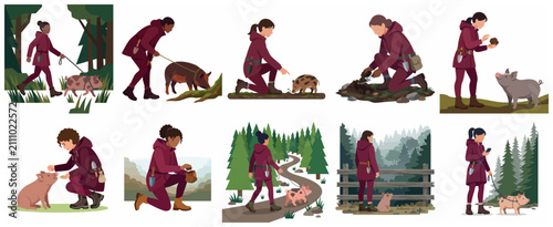 Set of flat vector illustrations depicting a woman hunting for truffles with a pig in a forest setting