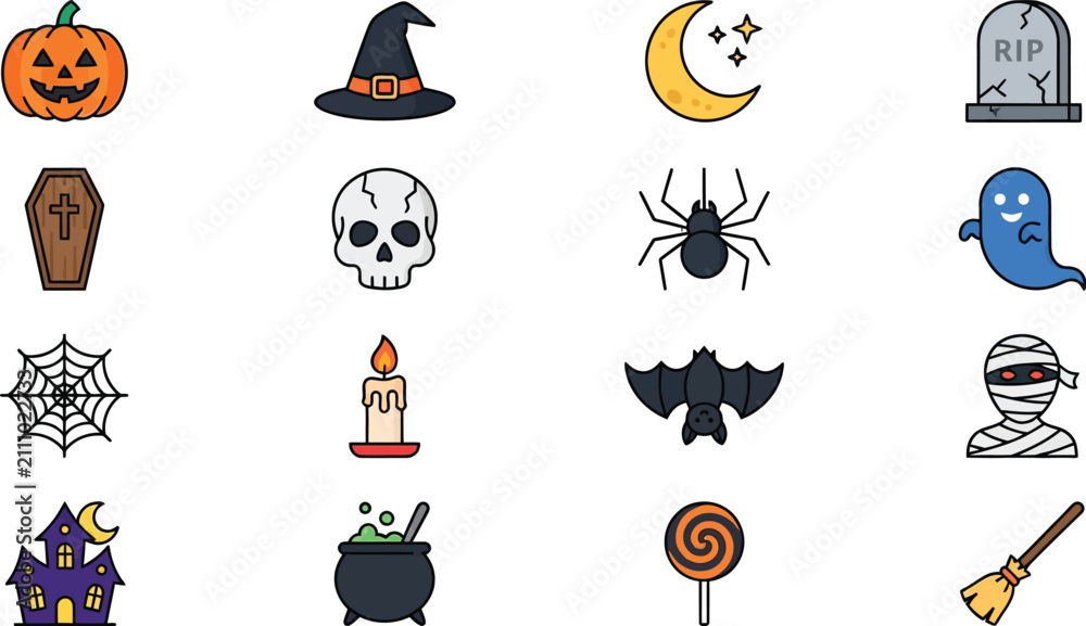 Naklejka premium Halloween Icons Collection Flat Vector Illustration With White Background