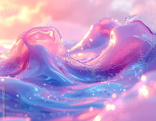 An abstract ocean rendered in translucent, shimmering, pastel shades of pink, purple, and blue, with bokeh
