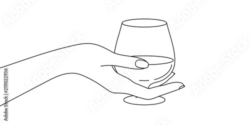 Fotografie Minimalist Continuous One Line Drawing of Hand Holding Brandy Snifter Glass, Ele