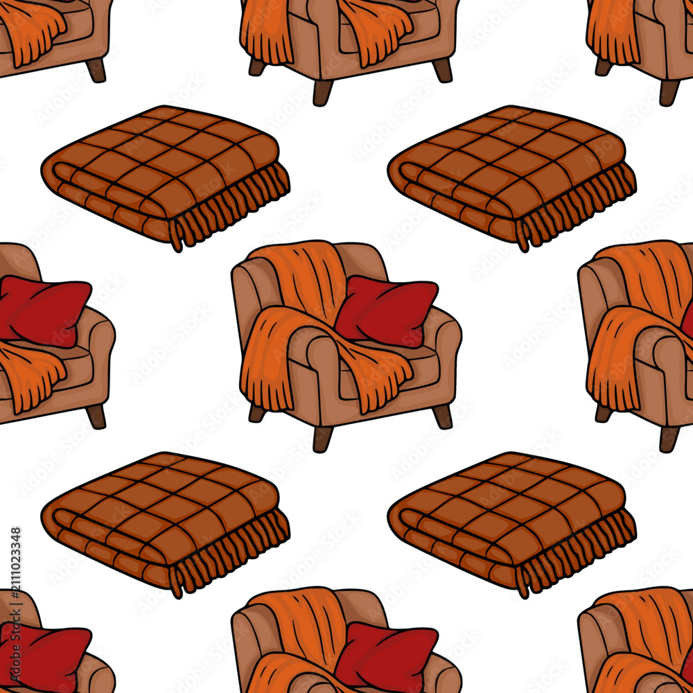 Obraz premium Cozy home interior seamless pattern vector with armchairs and checkered blankets
