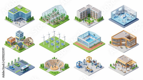 Isometric illustration of modern eco-friendly buildings and facilities.