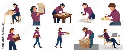 Принти на полотні Vector illustration of a professional woman archivist, researcher, or historian working with vintage documents, sorting records, and managing historical archives in various poses