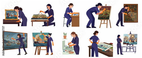 Foto Collection of female art restorer characters working on restoration and conservation of historical oil paintings in a studio setting