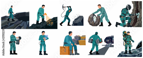 Cuadro en lienzo Futuristic Space Miners and Planetary Prospectors Illustration Set with High-Tec