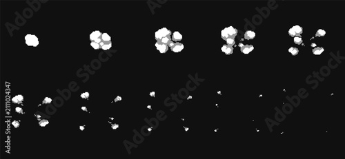Pixel art smoke burst frames showing small explosion and particle dispersion. Retro style sequence for game effects and interface elements on dark background.