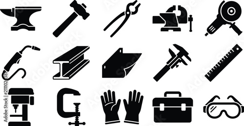 Photos Collection of black and white icons of tools and equipment for workshop or const