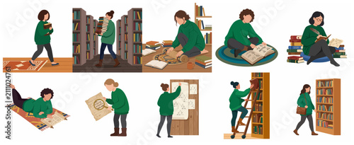 Foto Flat vector illustration set of a woman researcher and librarian studying books,