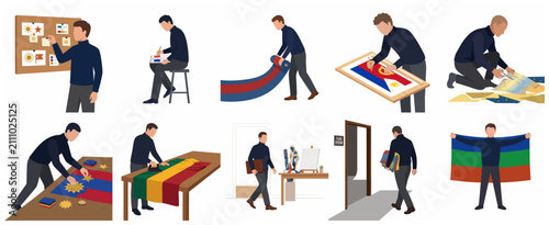 Vexillologist and Flag Maker Character Set Designing and Crafting Textile Banners in Studio