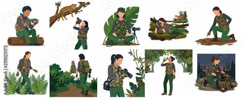 Canvastavla Set of wildlife photographer characters in nature, professional photographers wi