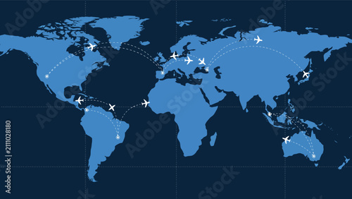 Fotografie Blue world map with connecting global airplane flight routes airplane aviation c