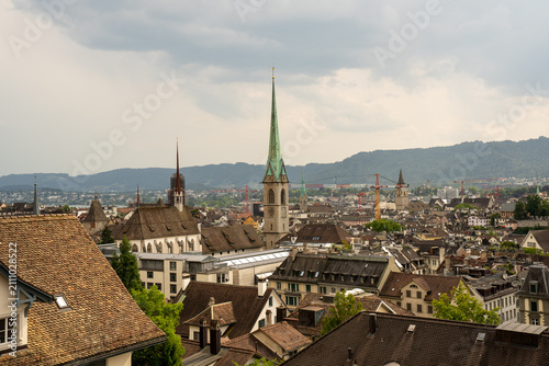 Scenic city skyline of Zurich from ETH Zurich university terrace under summer sky, Switzerland