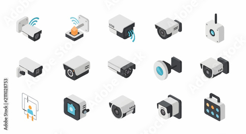 Flat icon set of modern security cameras and surveillance equipment.