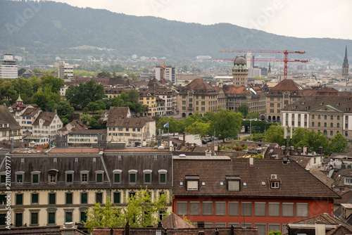 Canvas Print Scenic city skyline of Zurich from ETH Zurich university terrace under summer sk