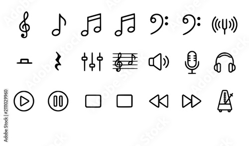 Cuadro en lienzo Music player interface icons black outline vector set