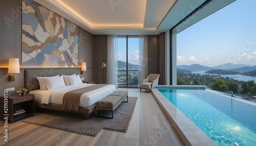 Luxury hotel bedroom with infinity pool and ocean view. Modern resort suite featuring panoramic sea vistas and elegant interior design.