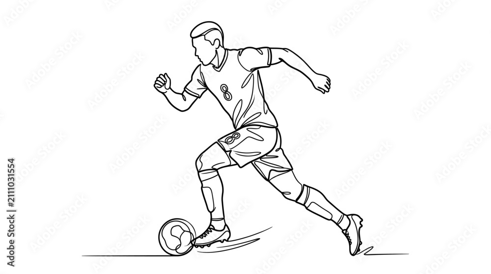 Fototapeta premium Line art drawing of a soccer player dribbling a football with dynamic motion on a clean white background.