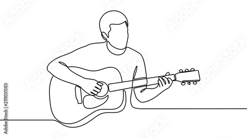 Continuous line drawing of a person playing an acoustic guitar, minimalist art style.