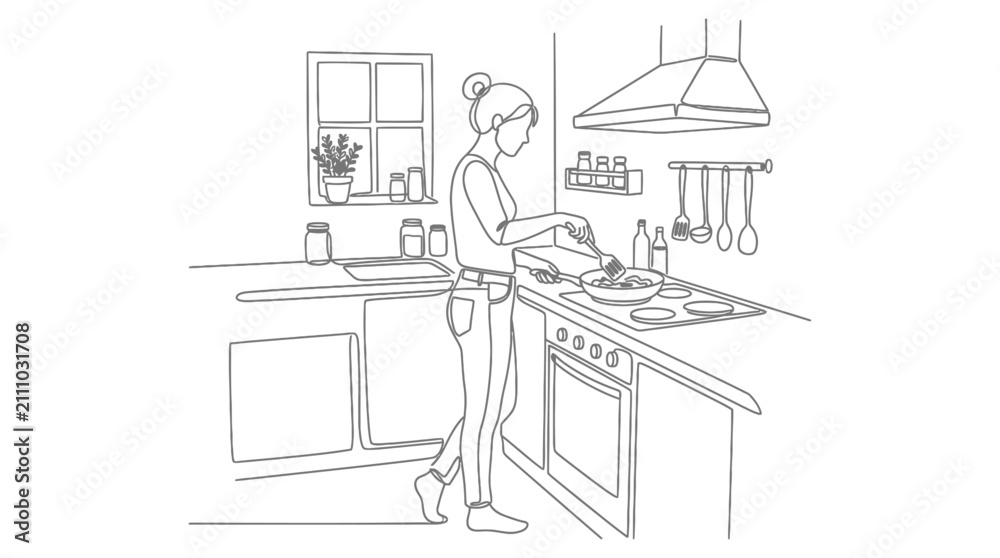 Fototapeta premium A detailed line drawing of a woman cooking in a kitchen, stirring food in a pan on the stove.