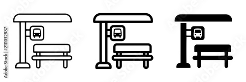 Bus Stop Icons, Public Transport Shelter Vector Graphics, Urban Transit Waiting Bench Symbols