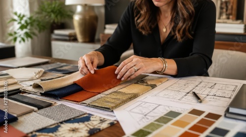 Interior designer selecting fabric swatches for a new home project