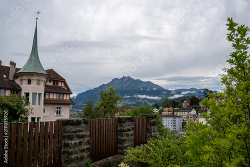 Elevated view of Lucerne historic old town and lake after rain, Switzerland