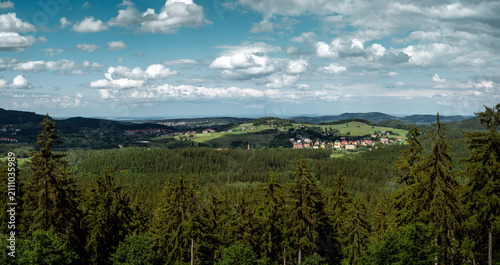 Panoramic view of Kuźnice Świdnickie with surrounding towns Boguszów-Gorce and Wałbrzych from Dzikowiec Mountain, Poland.