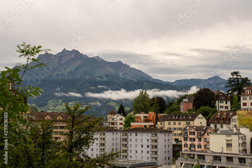 Elevated view of Lucerne historic old town and lake after rain, Switzerland